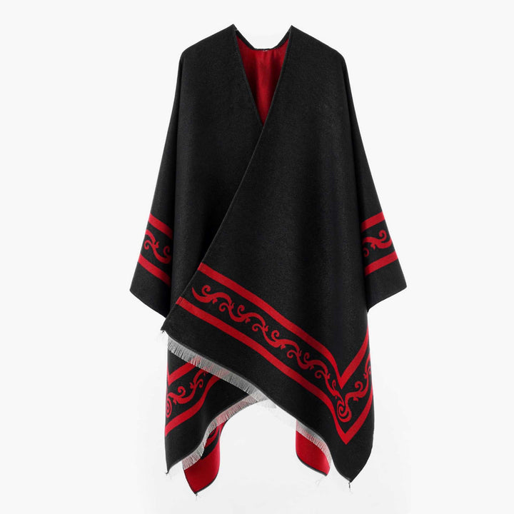 Dam Oversize Cape med Geometric Jacquard och fransfåll