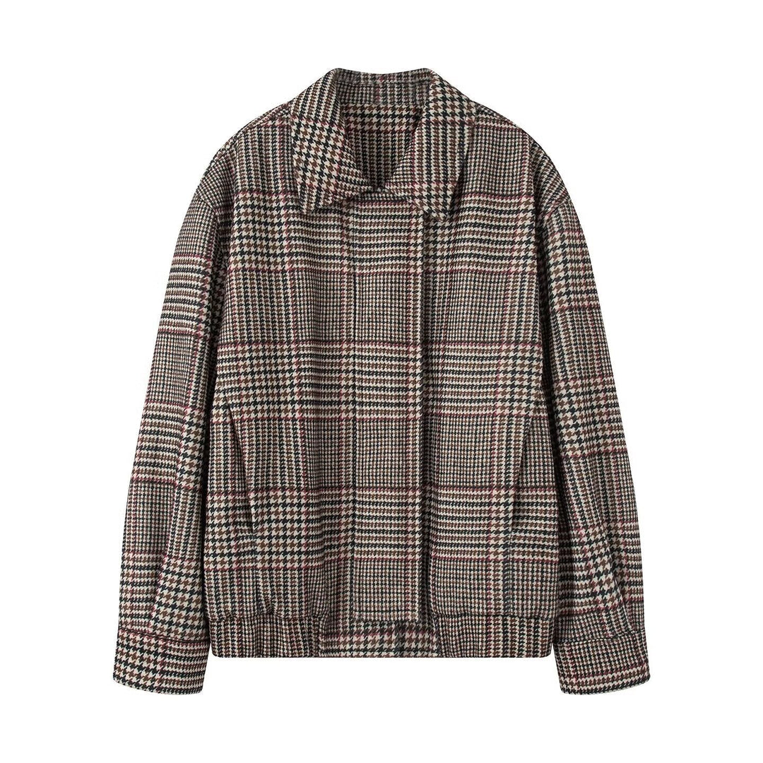 Dam Oversized Kort Jacka i Houndstooth Mönster med Ståkrage och Elastic Fåll