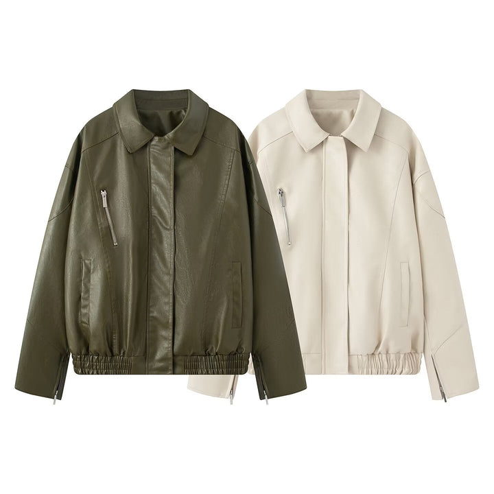 Dam Oversized Konstläder Blouson med Elastic Fåll, Slanted Dragkedja Bröstficka och Dragkedja Ärmar