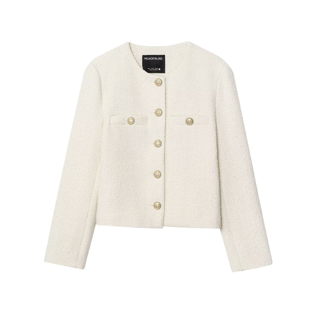 Dam 80+ Kort Skärning Boucléjacka med Round Neck, Golden Dekorativ Knappar och Lock Fickor