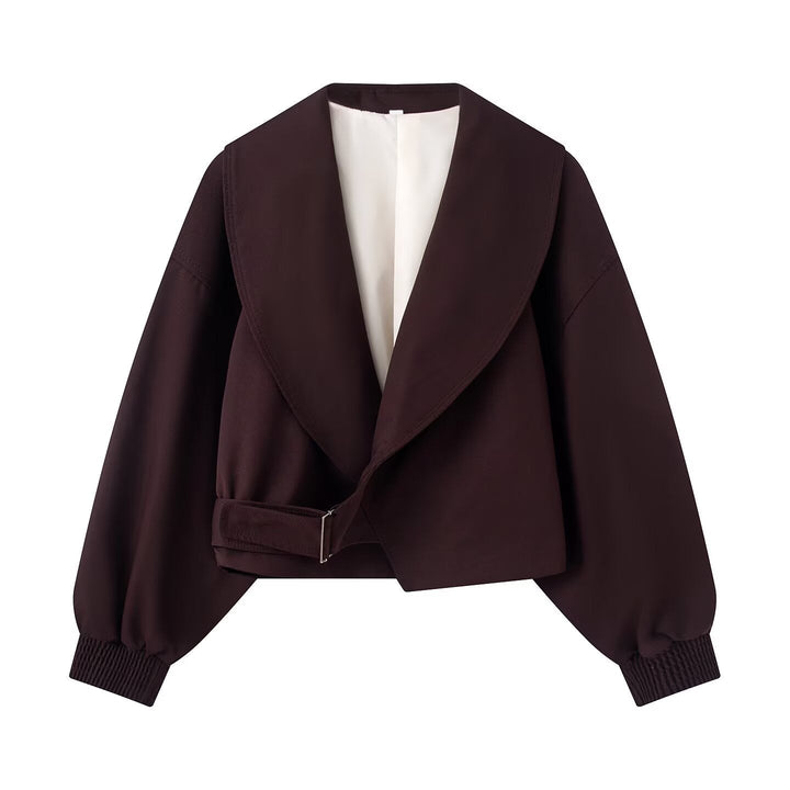 Dam Kort Oversize Jacka med Wide Shawl Krage, Balloon Ärmar, och Waist Strap