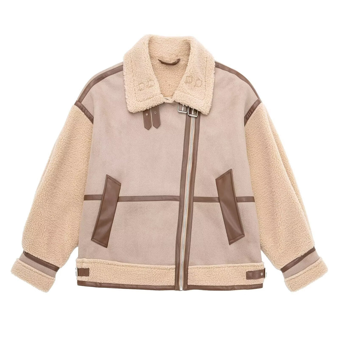 Dam Oversized Flight Jacka med Teddy Foder, Asymmetrical Dragkedja och Konstläder Detaljer