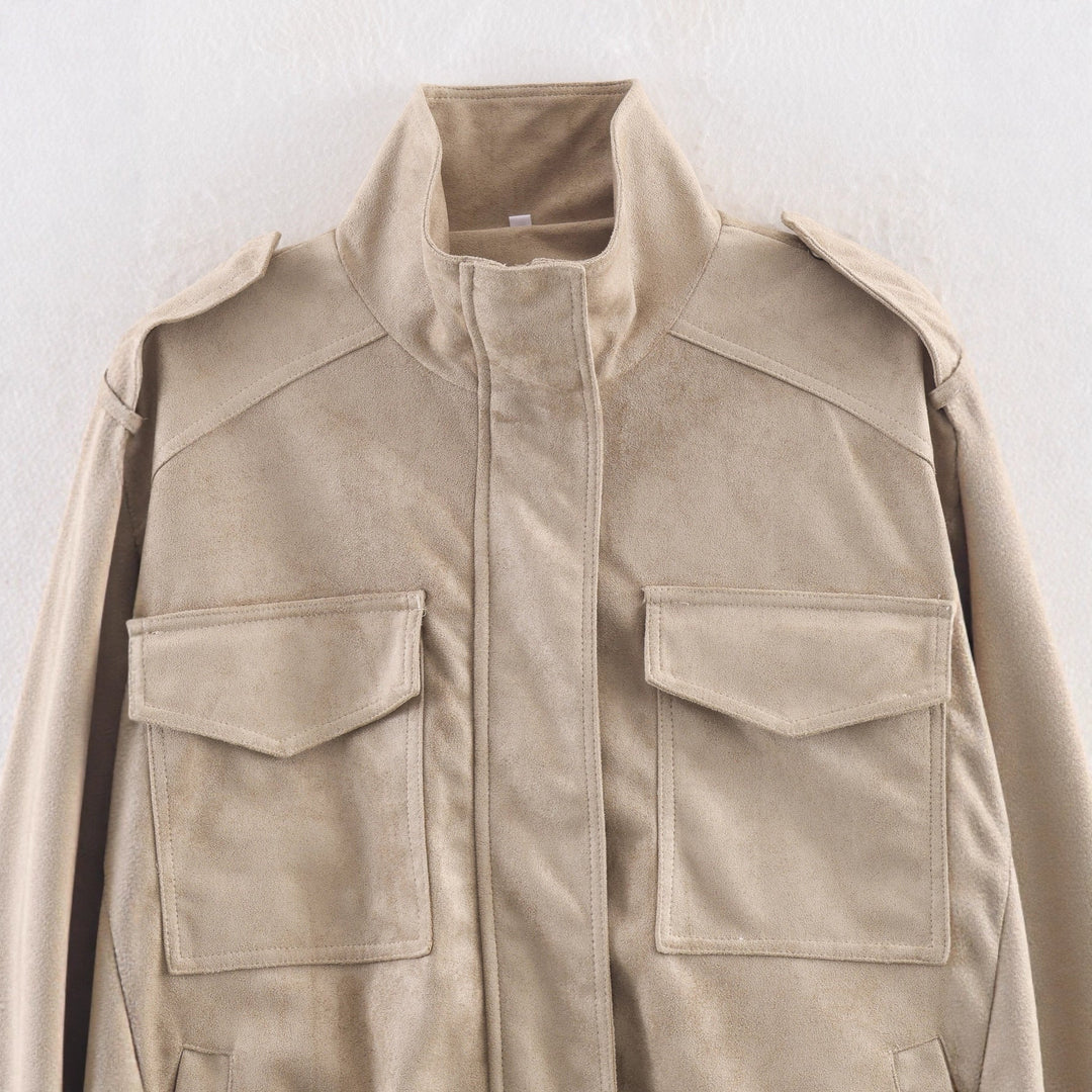 Dam Kort Jacka i Militär Stil med Epaulets, Lapp Bröst Fickor, och Elastic Fåll