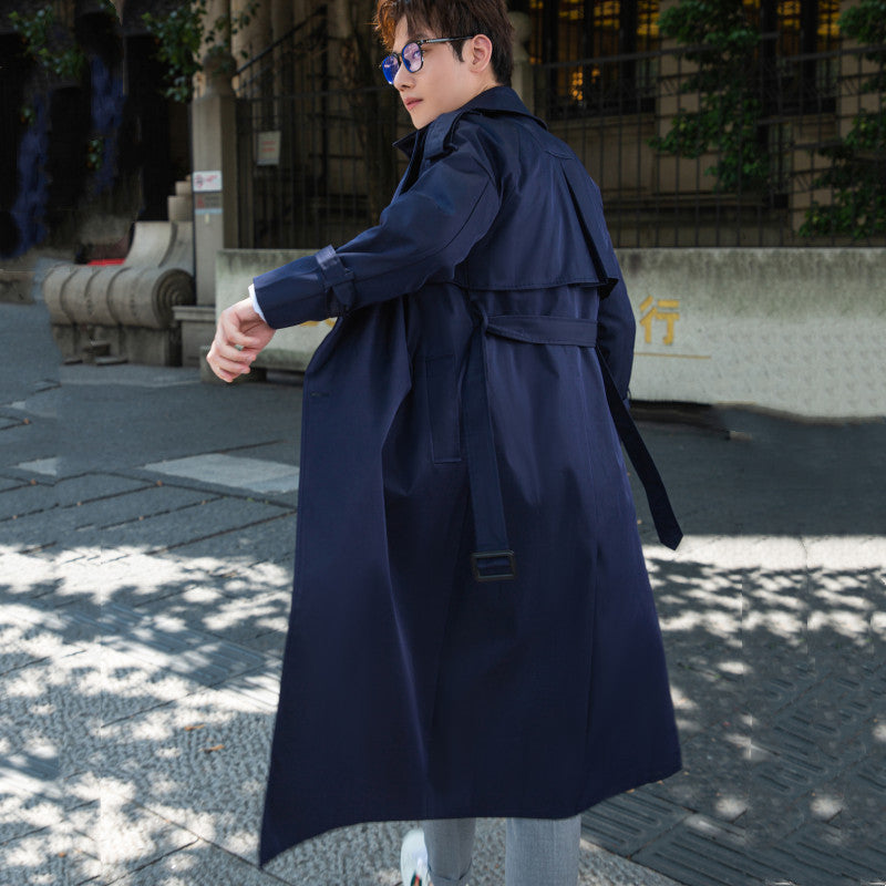 Herr Elegant Lång Trench Kappa med Tie Bälte och Bak Yoke