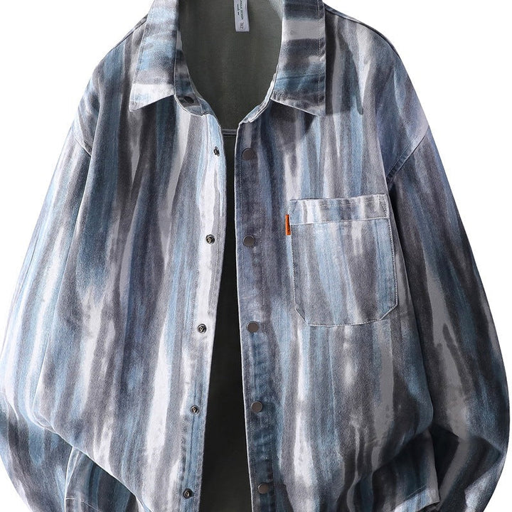 Herr Oversized Skjortjacka i Watercolor Rand Look med Breast Ficka &amp; Mjuk Bomullsblandning