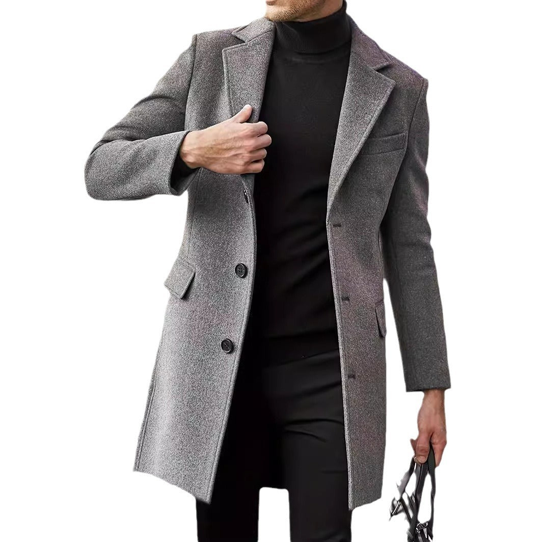 Herr modern lång kappa tillverkad av ullblandning med Smal Lapels, fickor med lock och slim passform