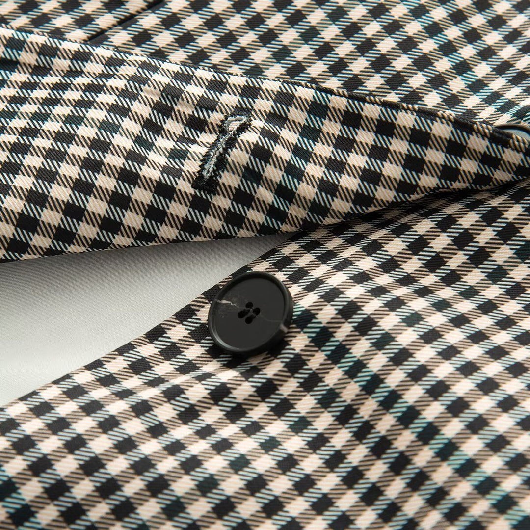 Dam Kort Rutig Boxig Blazer med Stå Krage och Lock Fickor