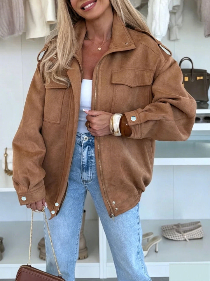 Dam oversize jacka in mocka look med bröstfickor och Epaulettes