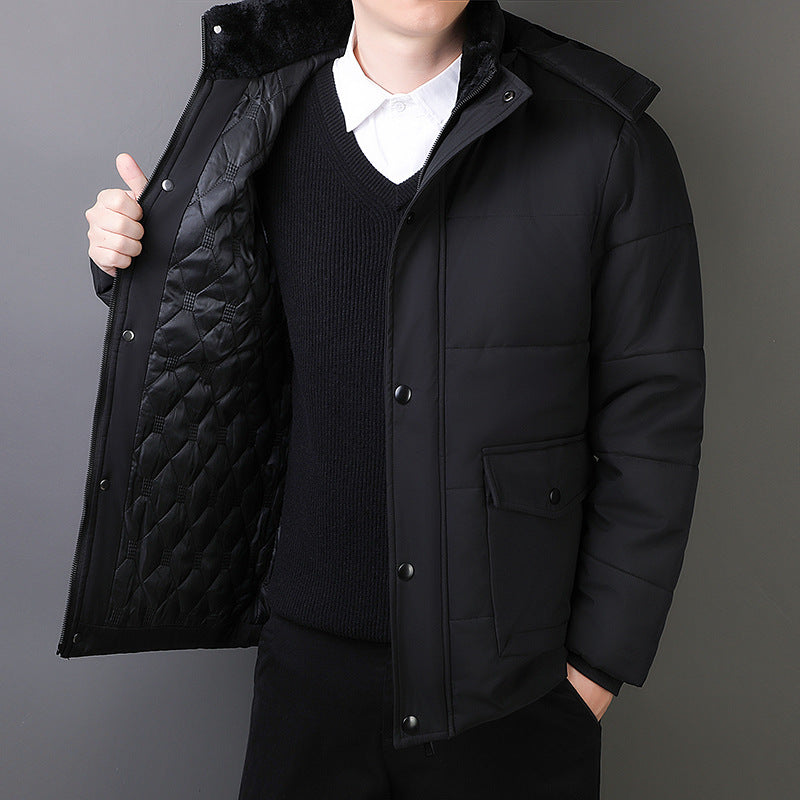 Herr Short Parka med Quiltad Termisk Foder, Huva Attachment, och Multifunctional Lock Fickor