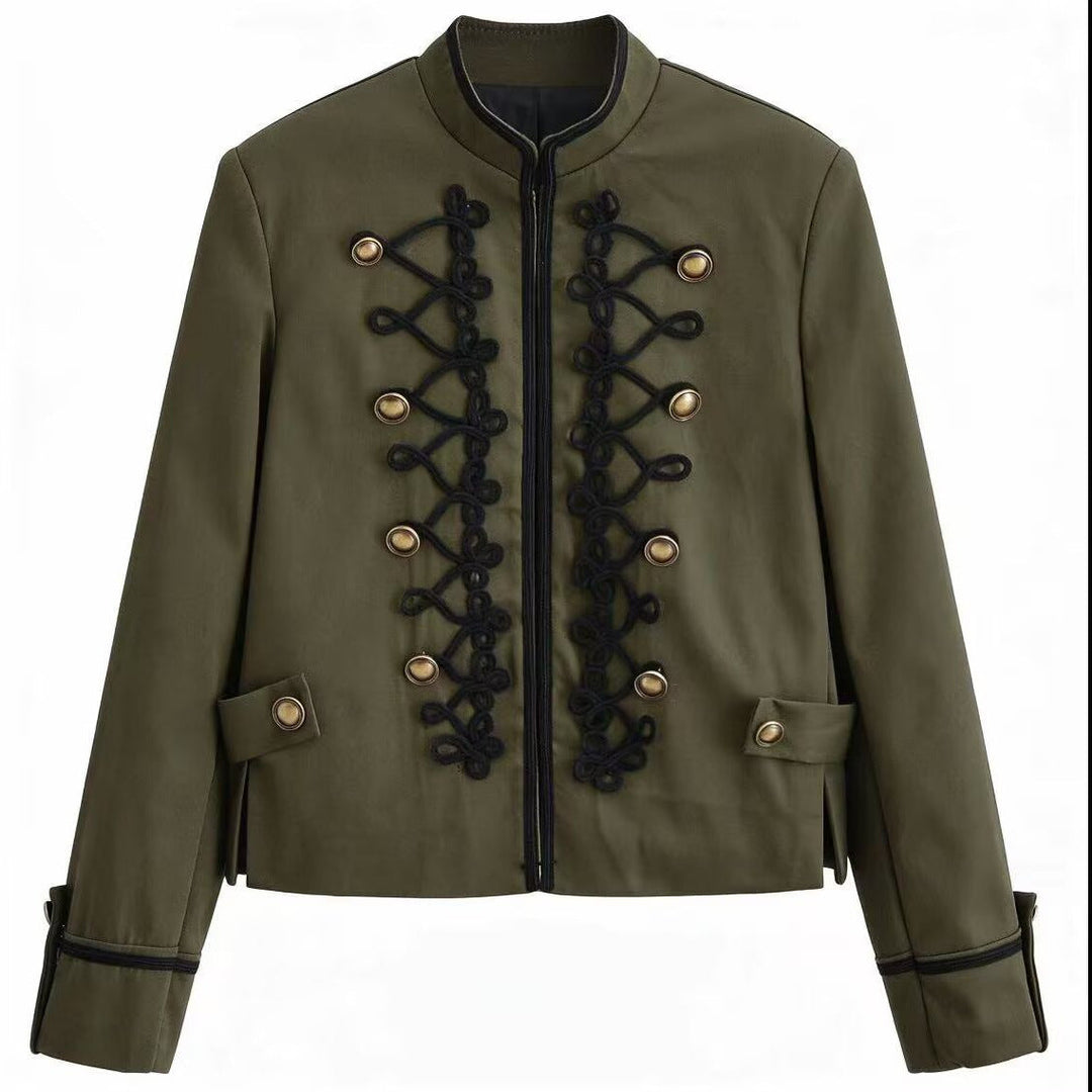 Dam Kort Militär-Stil Jacka med Decorative Cords och Ståkrage