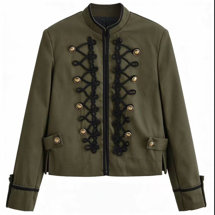 Dam Kort Militär-Stil Jacka med Decorative Cords och Ståkrage
