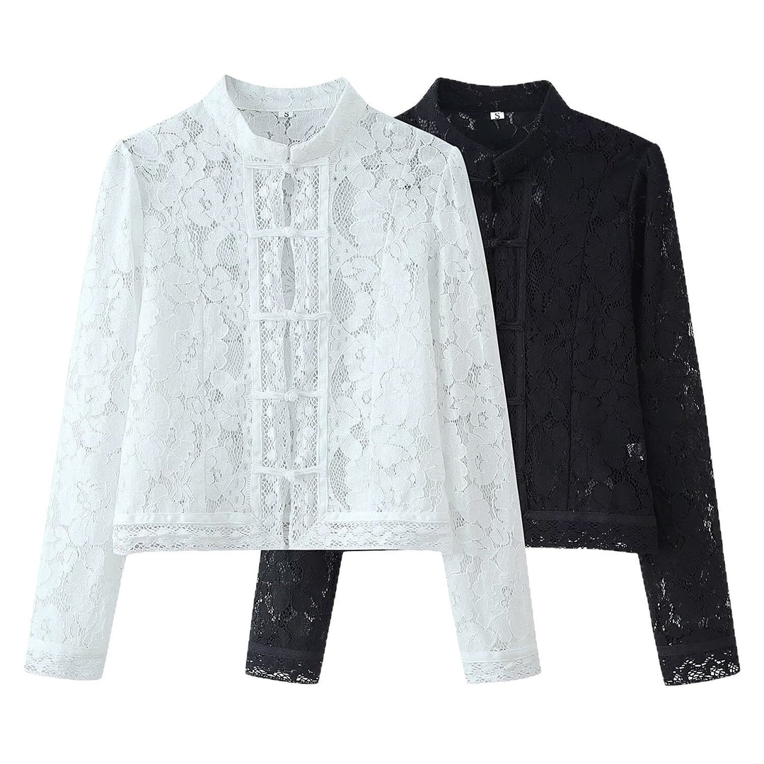 Dam Lace jacka med Stand krage, Chinese Knot och Transparent blommig design