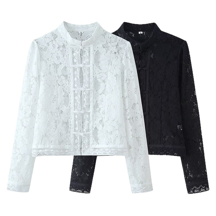 Dam Lace jacka med Stand krage, Chinese Knot och Transparent blommig design