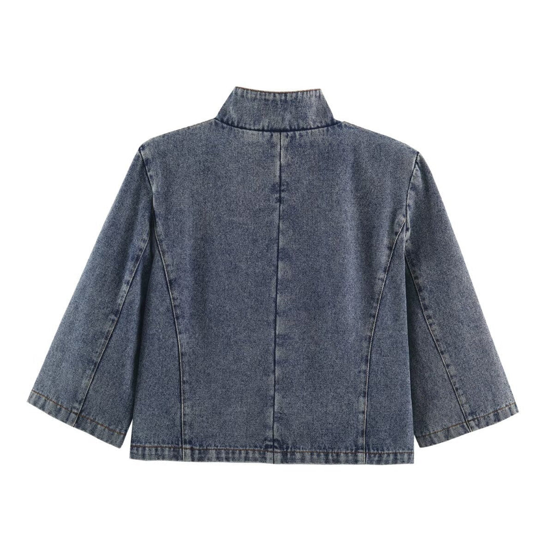 Dam Kort Jeans Jacka i Boxig Skärning med Ståkrage och Three-Quarter Ärmar
