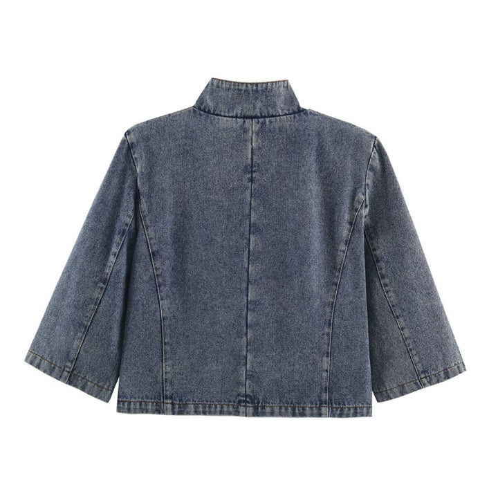 Dam Kort Jeans Jacka i Boxig Skärning med Ståkrage och Three-Quarter Ärmar