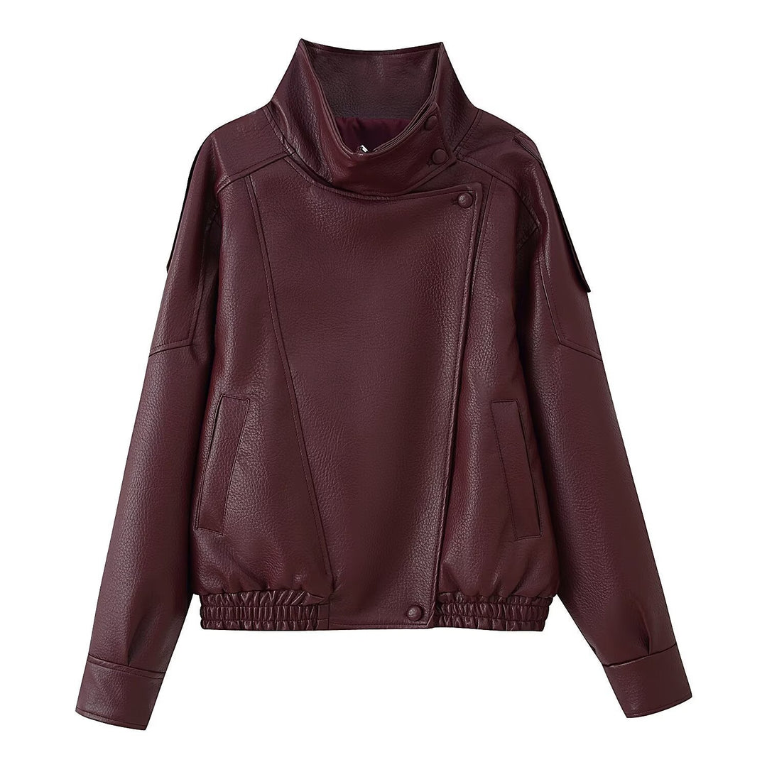 Dam Oversized Konstläder Jacka med Skjortkrage och Elastic Fåll