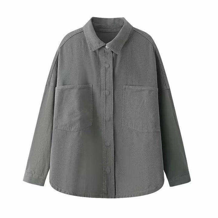 Dam Oversized Jeans Skjorta Jacka i Boxig Skärning med Lapp Bröst Fickor och Rounded Fåll