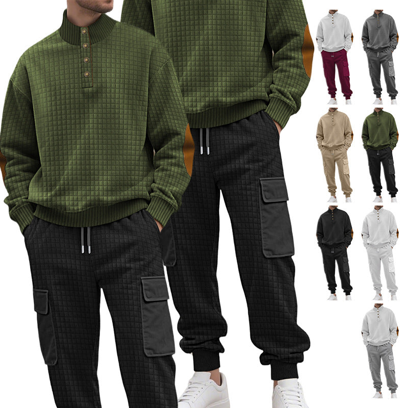 Herr Check Relief Sweat Set med Ståkrage Knapplist, Velour Elbow Lappar och Cargo Jogger