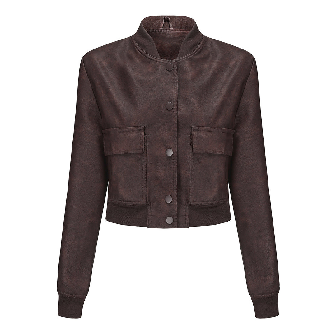 Dam kort crop konstläderjacka i blouson stil med snap front och flap fickor