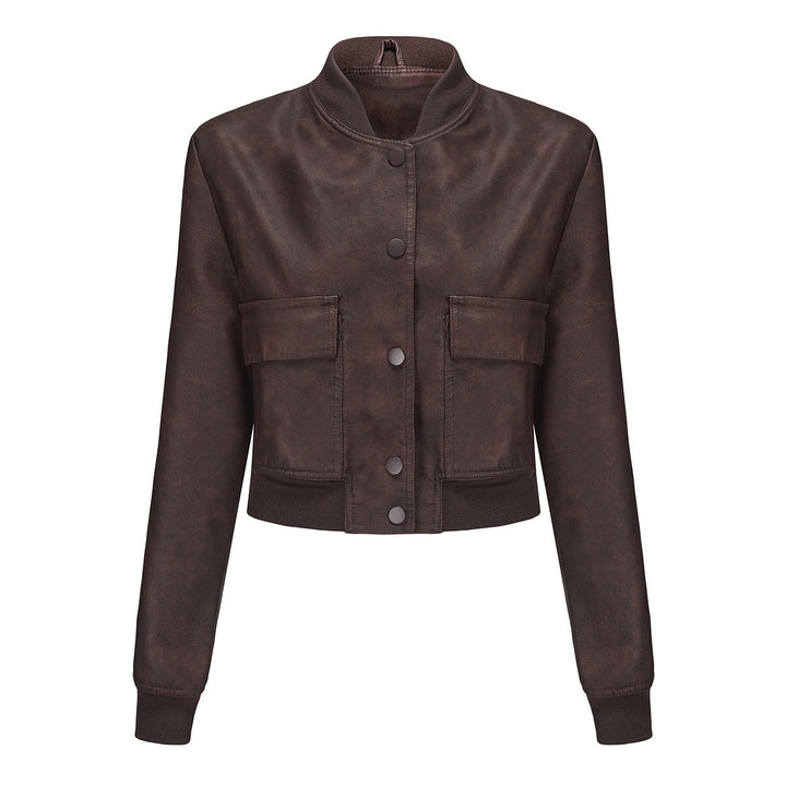 Dam kort crop konstläderjacka i blouson stil med snap front och flap fickor