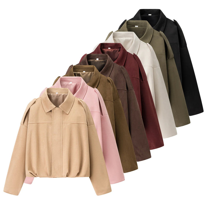 Dam cropped boxy blouse jacka med skjortkrage, concealed front placket, och elastisk fåll