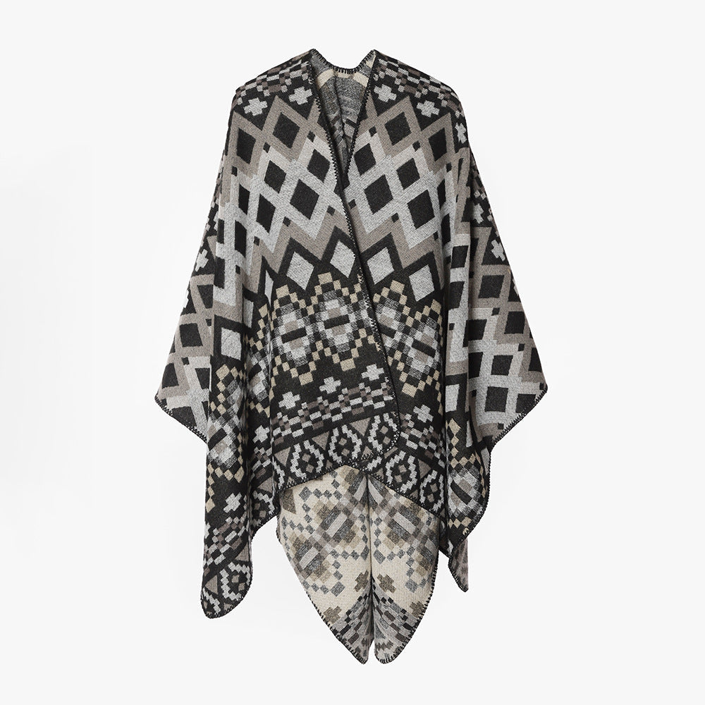 Dam stor-area Jacquard capeponcho med geometric-ethnic mönster och boxy silhuett