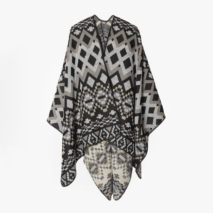 Dam stor-area Jacquard capeponcho med geometric-ethnic mönster och boxy silhuett