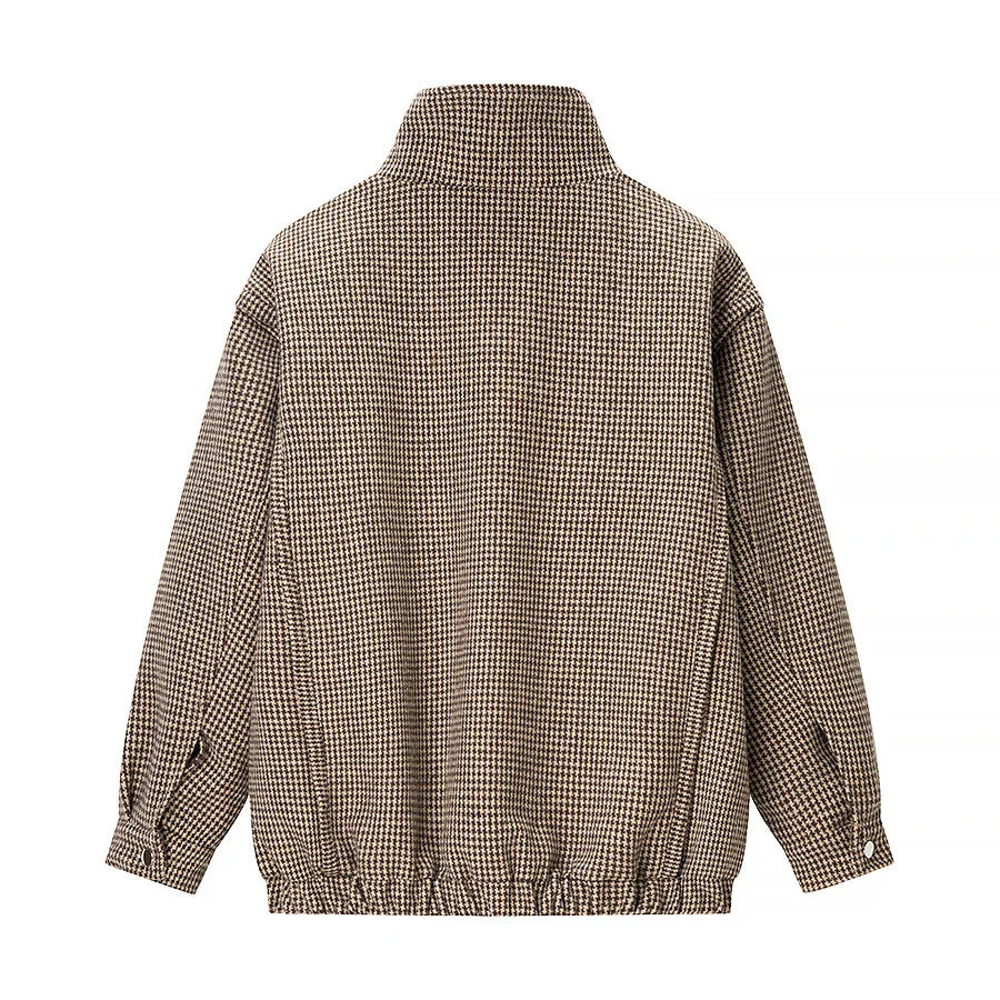 Dam lätt houndstooth övergångsjacka med high ståkrage, elastisk fåll, och concealed dragkedja