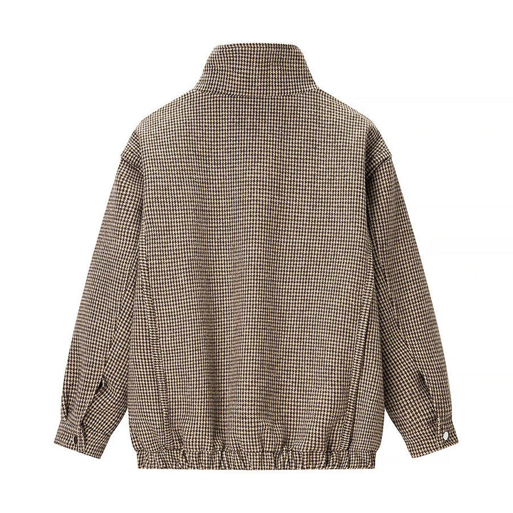 Dam lätt houndstooth övergångsjacka med high ståkrage, elastisk fåll, och concealed dragkedja