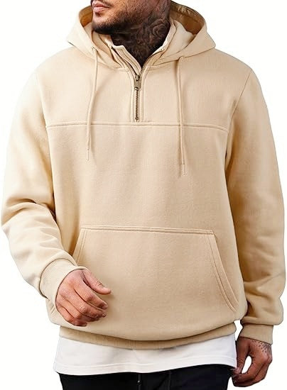 Herr med Huva Pullover med Halv Dragkedja, Känguruficka och Ribbstickade Muddar
