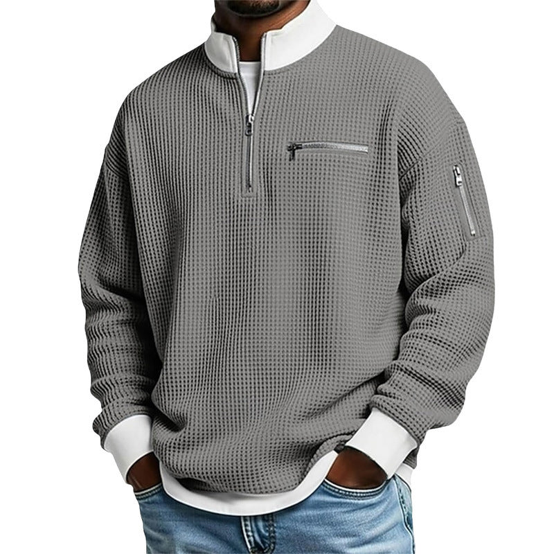 Herr Sportig Kvartsdragkedja Pullover med Textured Mönster