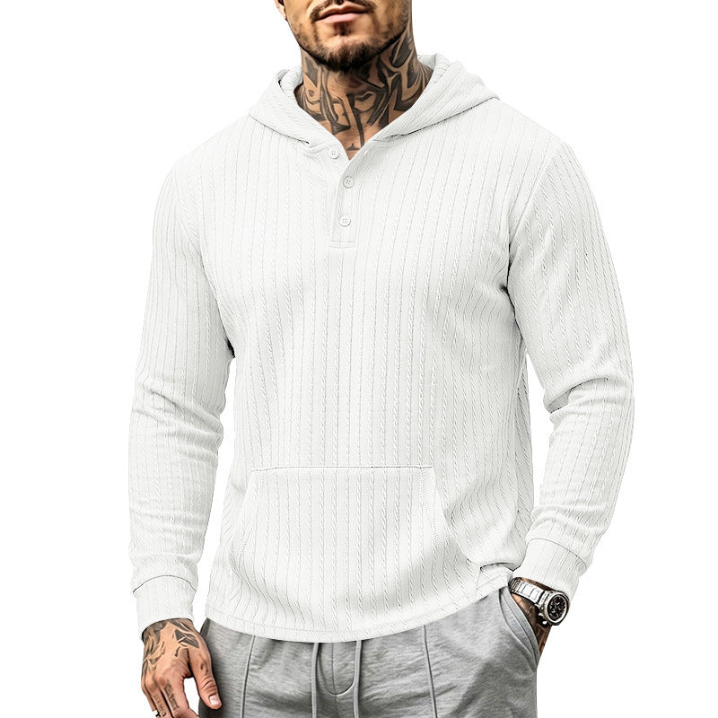 Herr Strukturerad Luvtröja med Henley Krage och Känguruficka