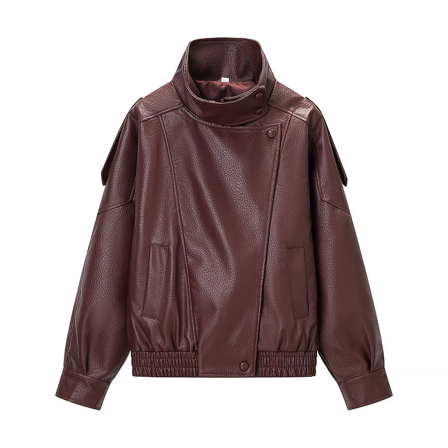 Dam oversize konstläder jacka med hög ståkrage, Asymmetrical knappslå och Elastic fåll