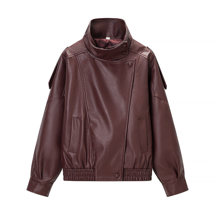 Dam oversize konstläder jacka med hög ståkrage, Asymmetrical knappslå och Elastic fåll