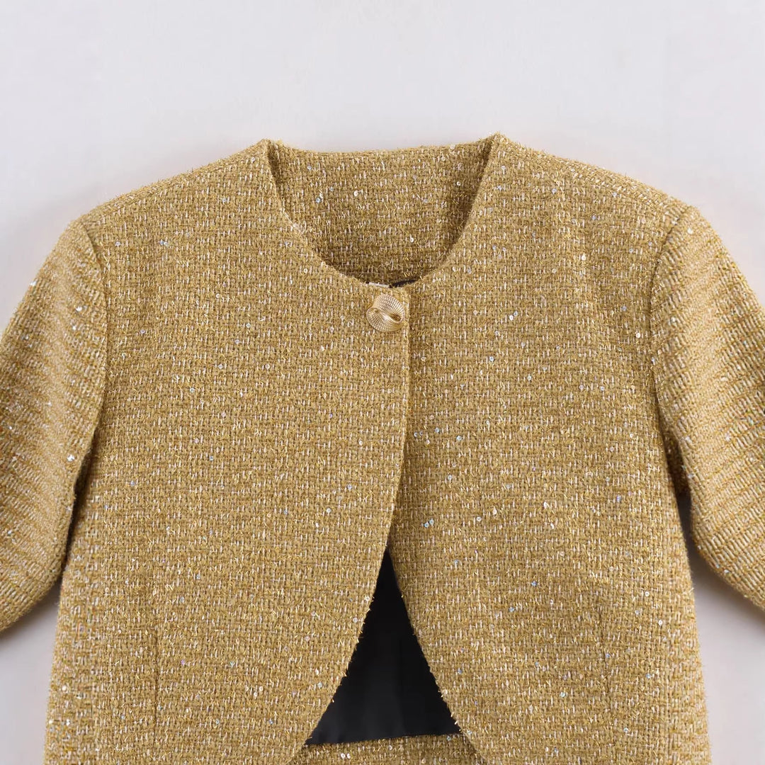 Dam kort Boucle blazer jacka med rund hals och Decorative Button