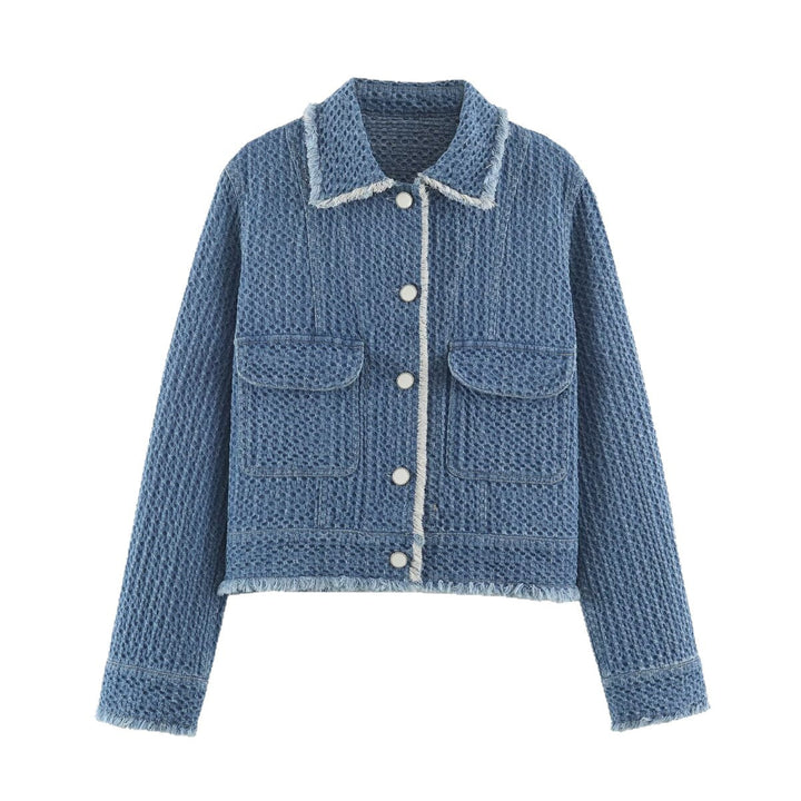 Dam Structured kort jacka gjord Boucle denim med Fringe fåll