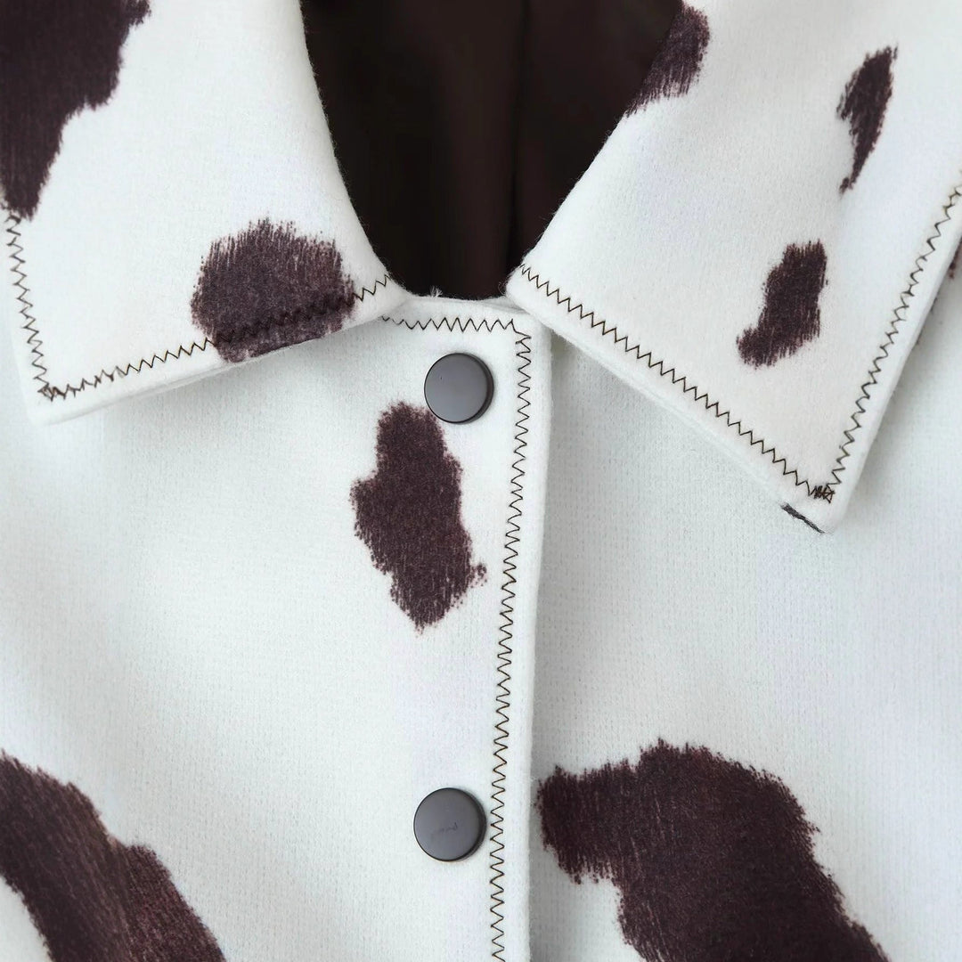 Dam cropped shirt jacka med cow tryck mönster och tryckknäppning