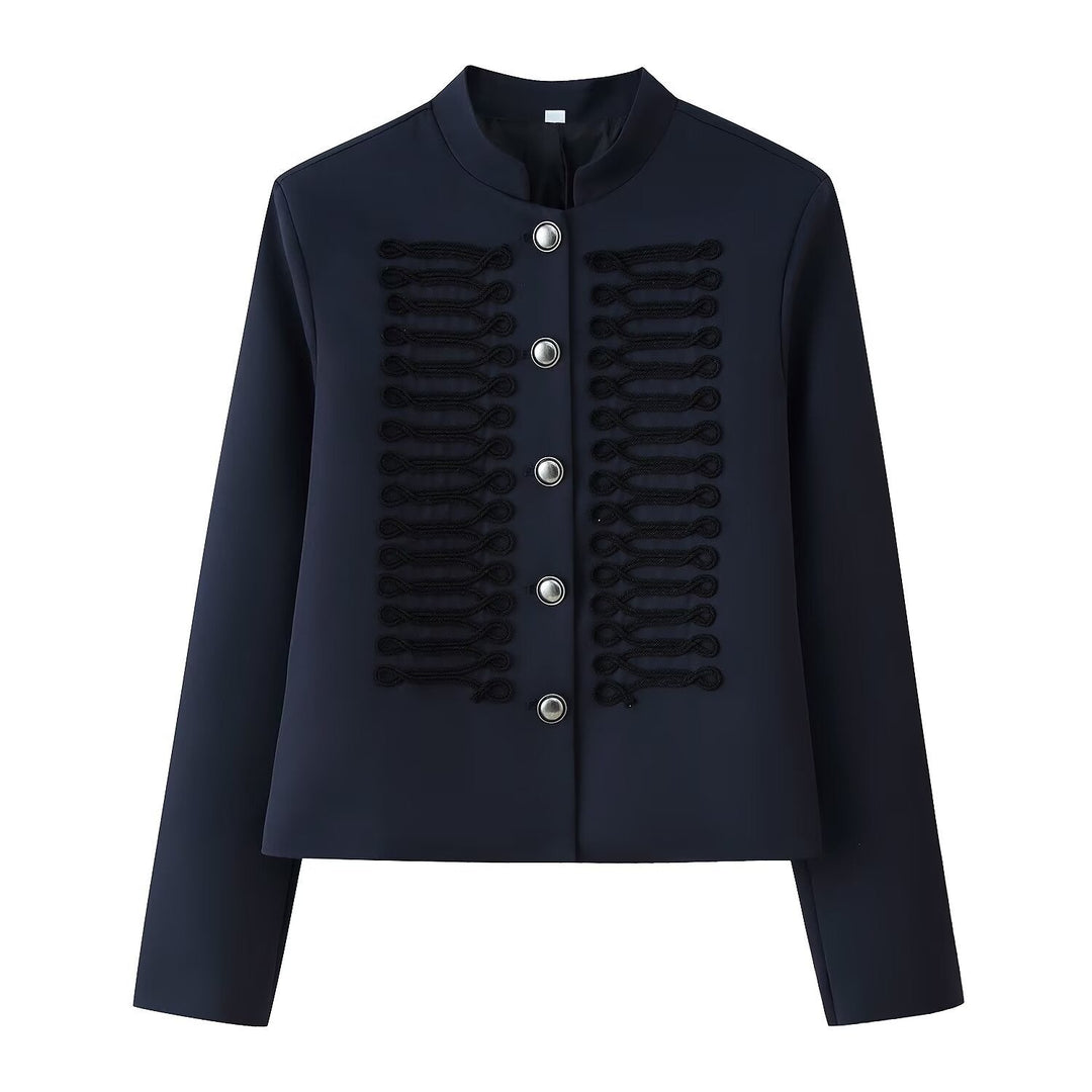 Dam Kort Militär-Stil Jacka med Ståkrage, Decorative Cord Trimming, och Decorative Knappar