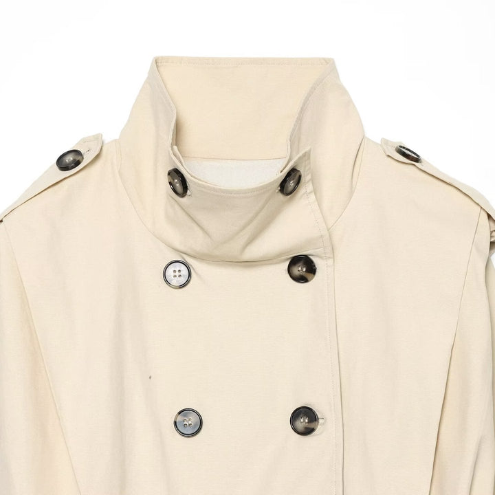 Dam Kort Double-Breasted Trench Blouson med Hög Stå Krage, Epaulettes och Elastic Nederkant