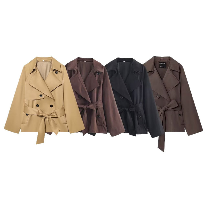 Dam Kort Midjebälte Trenchcoat med Breda Slag och Lockfickor