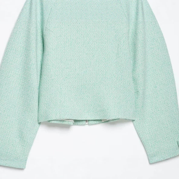 Dam Kort Bouclé Blouson med Dold Dragkedja och Skjort Krage