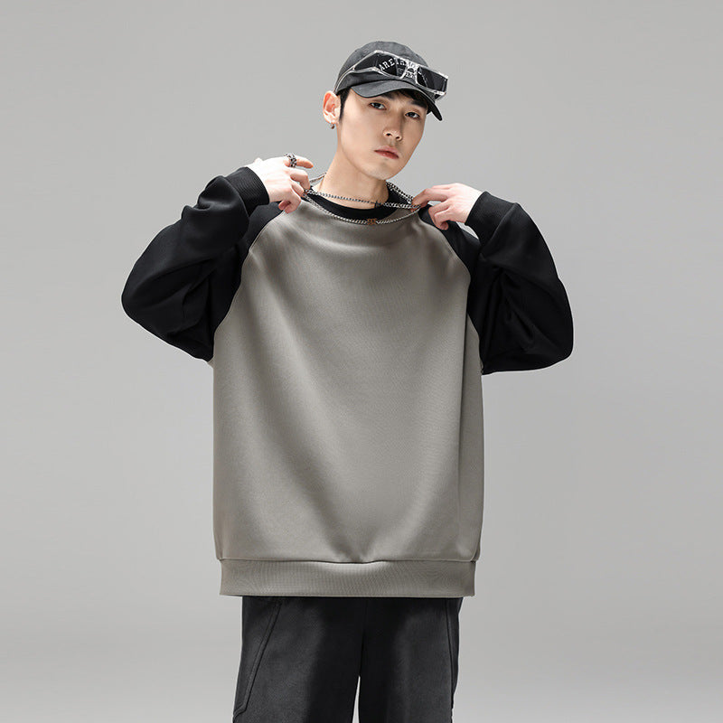 Herr Raglan College-Tröja med Contrast Ärmar, Mjuk Fleece Foder, och Ribbad Fåll