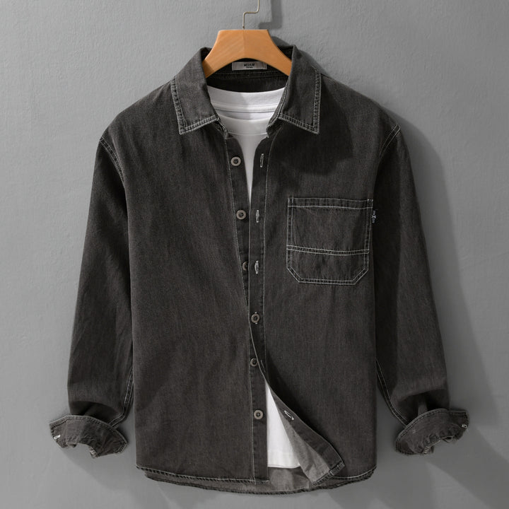 Herr Washed Denim Overshirt i Arbetskläder Look med Kontrast Stitches