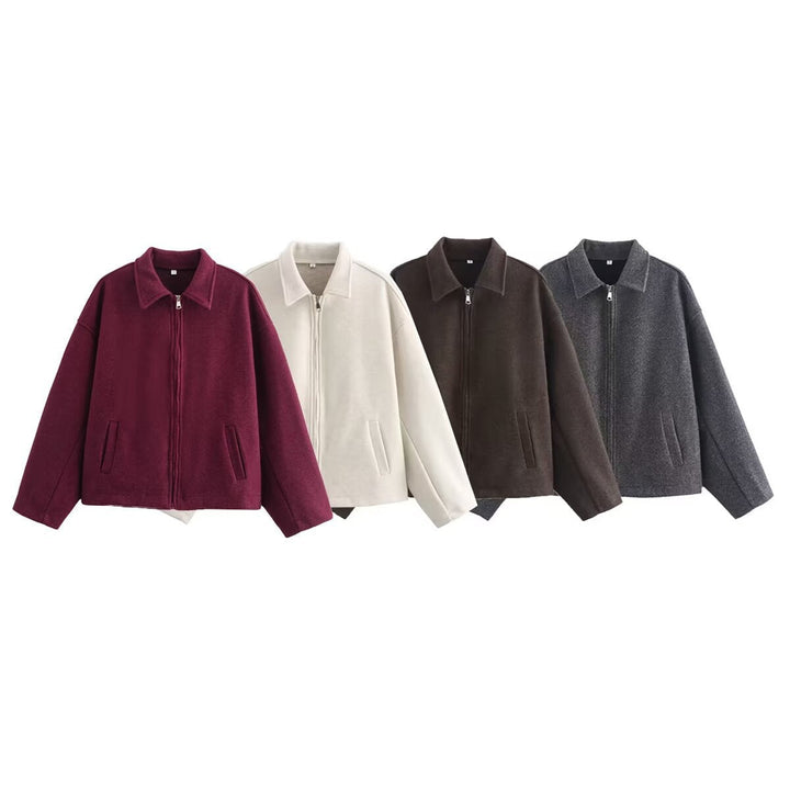 Dam Oversize Ull Blend Boxig Jacka med Full Dragkedja och Side Fickor