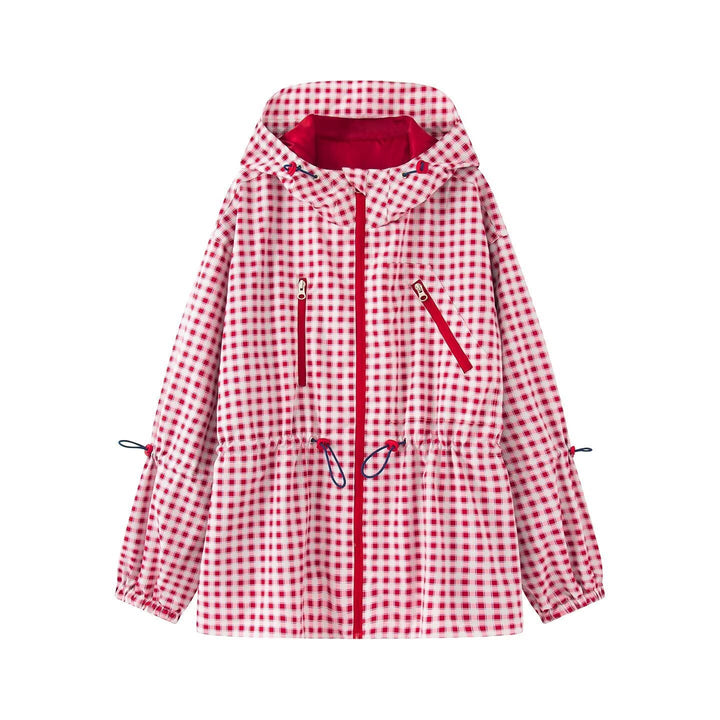 Dam lätt Vichy rutig Parka med huva, dragsko midja och Zip fickor