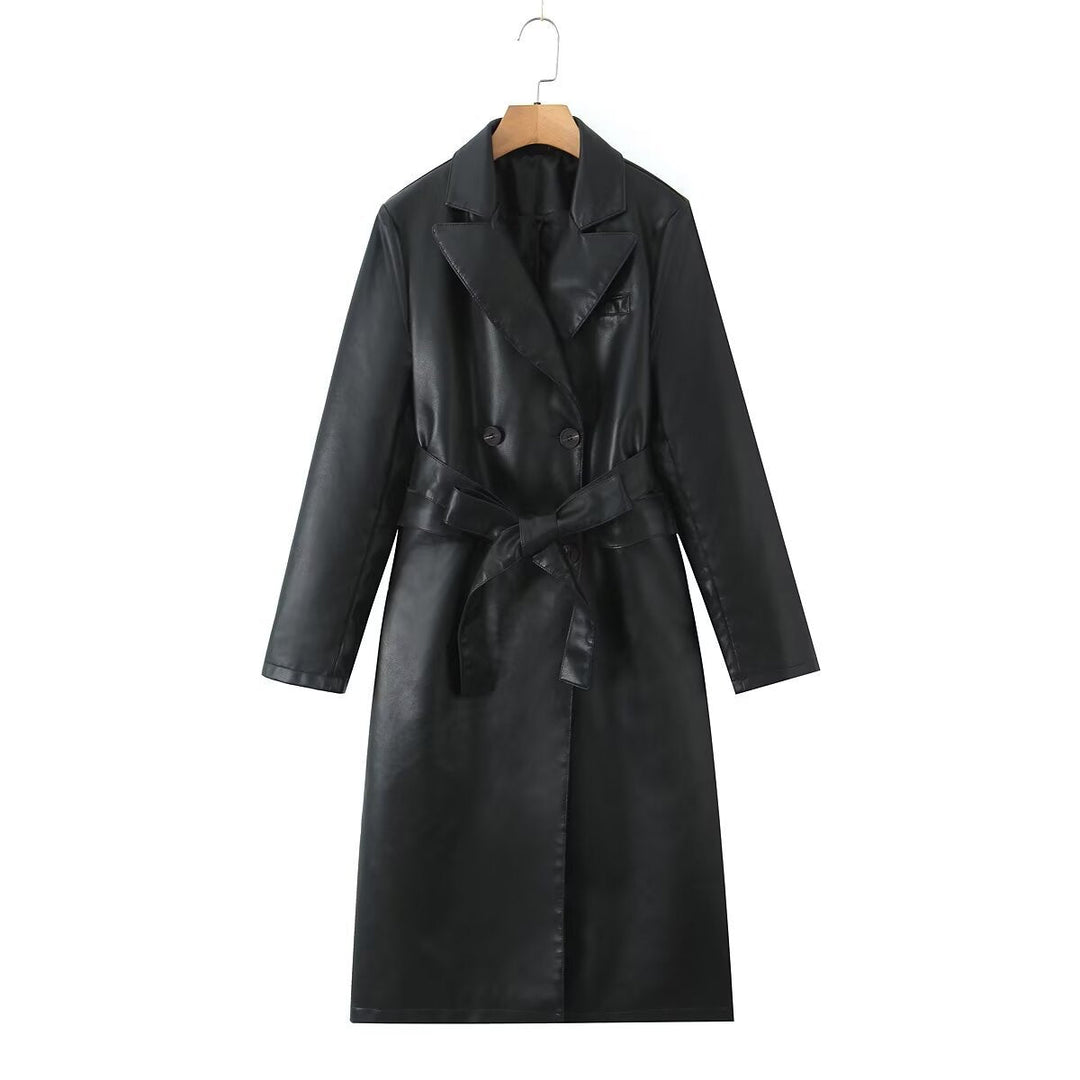 Dam Lång Modell Konstläder Trenchcoat med Dubbel-Breasted Knapplist och Midjebälte