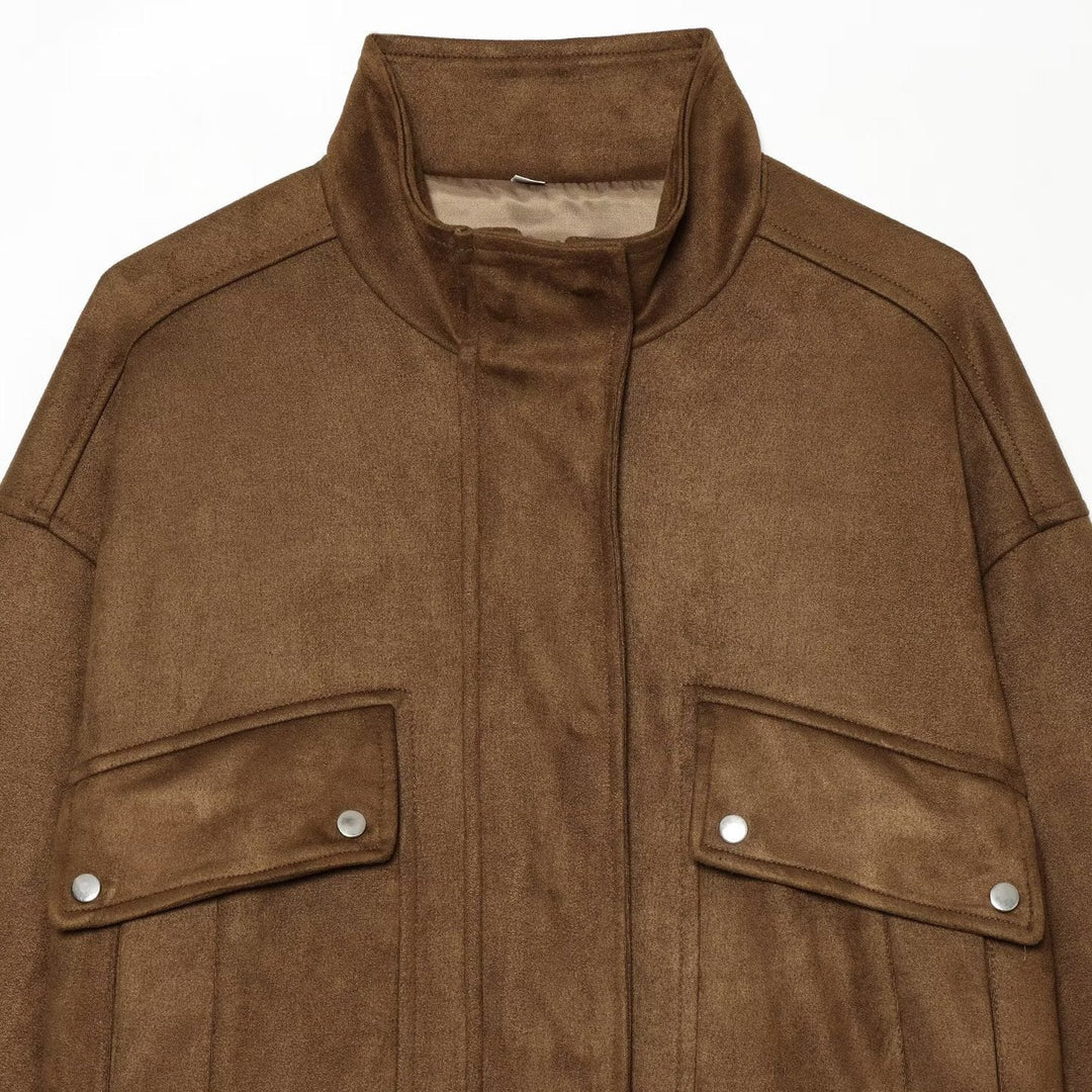 Dam Kort Boxig Suede Jacka med Stå Krage och Patch Fickor