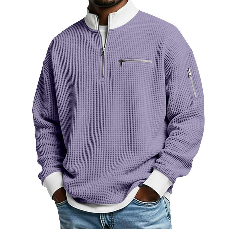 Herr Sportig Kvartsdragkedja Pullover med Textured Mönster