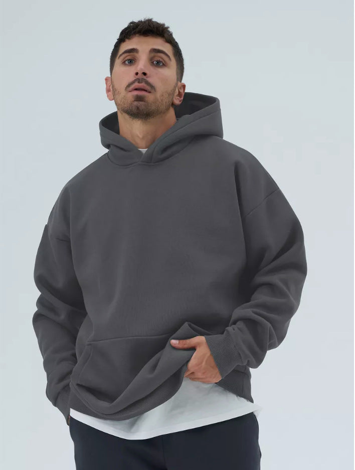 Herr Kraftig Fleece Boxig Luvtröja med Deep Axel Drop Reinforced Huva och Känguruficka
