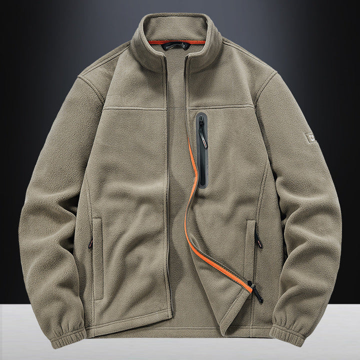 Herr fleece jacka med vindresistent microfleece, welded bröst dragkedja ficka, och elastiska muddar